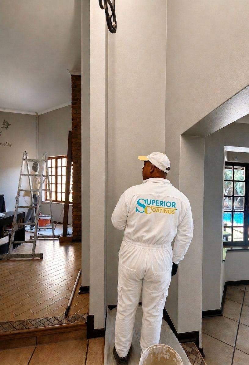 Superior Coatings painter in branded overalls inside a home